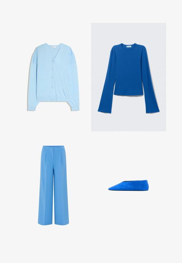 Hellblauer, knöpfbarer Cardigan mit V-Ausschnitt und langen Ärmeln, flach auf weißem Hintergrund präsentiert.; Blaues Langarmshirt aus glattem Stoff, mit rundem Ausschnitt und ausgestellten Ärmeln, geradem Saum und Markenetikett am Halsausschnitt.; Helle, leichte Weitbein-Hosen aus glattem Stoff. Mit hohem Bund und Falten, die einen maßgeschneiderten, modernen Look bieten.; Blauer Veloursflachschuh mit spitz zulaufender Spitze und flacher Sohle, seitliche Ansicht auf weißem Hintergrund.