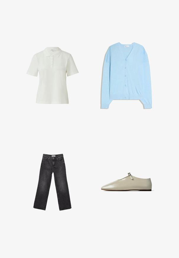 Cardigan bleu clair boutonné avec col en V et manches longues, présenté à plat sur un fond blanc.; Polo blanc à manches courtes avec col et patte à cinq boutons, design uni, marque s.Oliver.; Jean noir à jambes larges avec poches avant et arrière, fermeture par bouton et passants de ceinture, posé à plat sur fond blanc.; Chaussure plate beige à bout pointu avec une fine bride à boucle et une semelle basse marron, vue de côté sur un fond blanc.