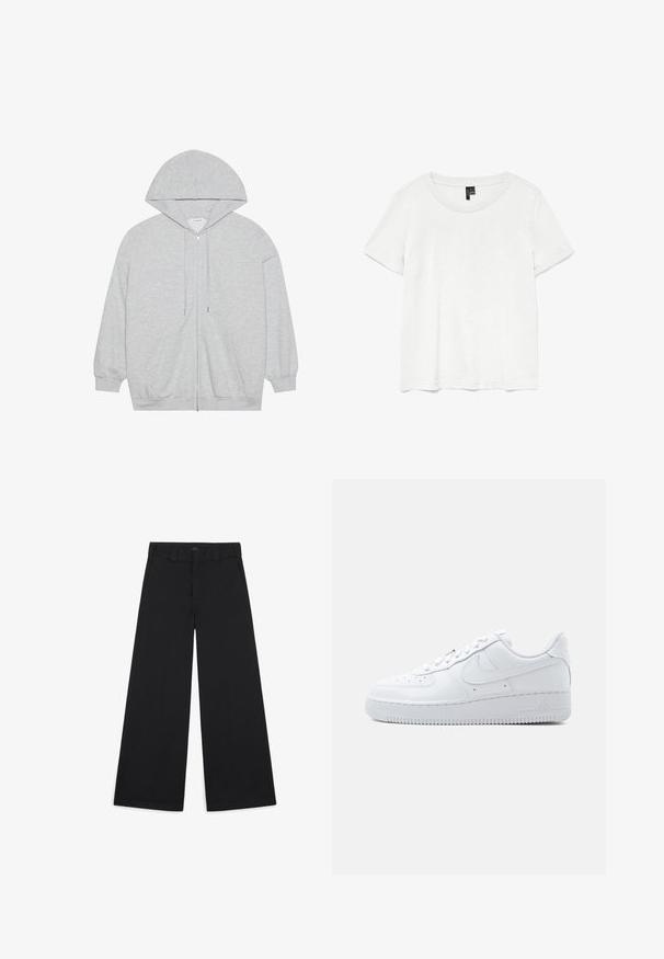 Lichtgrijze hoodie met ritssluiting, trekkoorden, lange mouwen, voorzakken en geribde boorden bij mouwen en zoom, plat uitgespreid op een witte achtergrond.; Witte t-shirt met korte mouwen en een ronde hals, gemaakt van lichte stof. Eenvoudig ontwerp, gladde textuur en rechte zoom.; Zwarte brede broek gemaakt van een zachte, geweven stof. Heeft persplooien, ceintuurlussen en een nette, op maat gemaakte afwerking.; Witte Nike Air Force 1 lage sneaker met vetersluiting, geperforeerde neus en het kenmerkende swoosh-logo aan de zijkant.