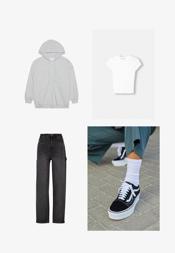 Hellgrauer Kapuzenpullover mit Reißverschluss, Kordeln, langen Ärmeln, Fronttaschen und gerippten Bündchen und Saum, flach auf einem weißen Hintergrund gelegt.; Weißes kurzärmliges T-Shirt aus weicher Baumwolle, mit Rundhalsausschnitt und figurbetonter Form. Keine sichtbaren Muster oder Verzierungen.; Hochtaillierte Cargo-Jeans aus schwarzem Denim mit weit geschnittenem Design, seitlichen Taschen und subtilen Verwaschungen. Robustes Material und kontrastierender Stepp.; Schwarze Wildledersneaker mit weißen Akzenten und Schnürsenkeln, ausgestattet mit einer dicken weißen Sohle und kontrastierenden Nähten, kombiniert mit einer weißen Socke.