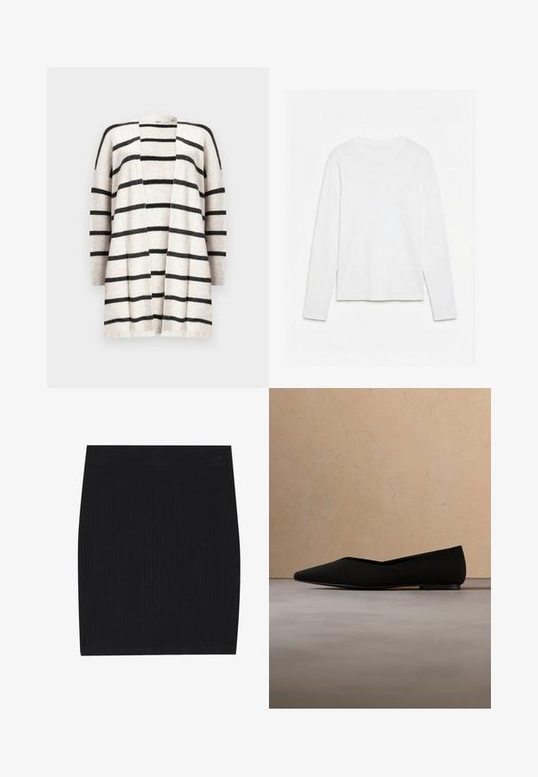 Beige strikket cardigan med sorte vandrette striber. Har åben front, lange ærmer og en afslappet pasform. Blød tekstur.; Helt hvid langærmet t-shirt med rund hals lagt fladt på en hvid overflade, der viser fronten og hele ærmelængden.; Sort ribbet strikket mini nederdel med et tætsiddende design, glat tekstur og en elastisk talje for komfort.; Sort spids tå flad sko svævende over et struktureret beige tæppe, med et rundt træ kaffebord og stablede bøger i baggrunden.