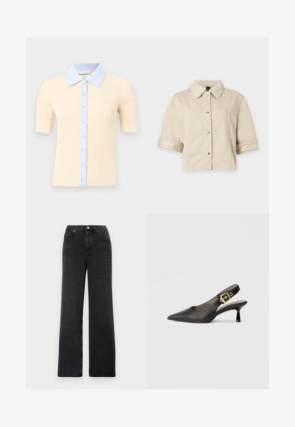 Blouse beige à manches courtes en maille côtelée avec col rayé bleu clair et patte de boutonnage, ornée de boutons imitation perle sur le devant.; Chemise beige à manches courtes avec boutons, col et poignets retournés brillants et à motifs sur fond blanc.; Jean large noir en denim. Présente une taille haute, deux poches avant et une fermeture à bouton avec des accents en cuivre.; Chaussure à talon haut noire à bride arrière, avec un bout pointu, une texture en cuir lisse et une accent de boucle dorée sur la bride.