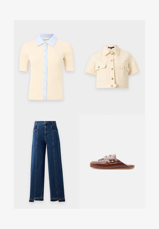 Beige ribgebreide blouse met korte mouwen, lichtblauwe gestreepte kraag en knoopsluiting, voorzien van parelachtige knopen aan de voorkant.; Beige kortebroekshirt met kraag, goudkleurige knopen aan de voorkant en twee knoopsluitingen op de borstzakken, bijgesneden, op een effen achtergrond.; High-waisted, wide-leg jeans in donkerblauwe denim met voorzakken, contrasterende stitching en rafelige zoomdetails.; Bruine leren instap loafer met moc-toenaad, gouden oogjes en decoratieve veterdetail aan de zijkant, platte zool, zijaanzicht.