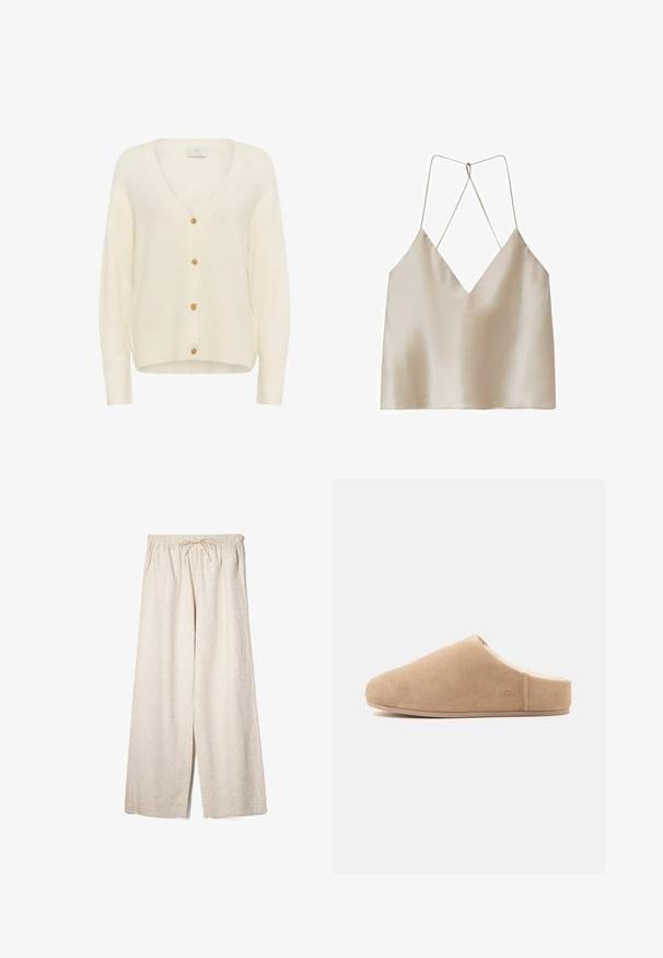 Cardigan écru avec un col en V, cinq boutons en bois, des poignets et un ourlet côtelés, fabriqué à partir d'un tissu doux et texturé.; Camisole en satin beige avec un décolleté en V profond et de fines bretelles spaghetti croisées dans le dos.; Pantalon en lin beige à jambes larges avec taille élastique et cordon, doté de poches latérales et d'une coupe décontractée.; Chausson beige en daim à enfiler, doublure en peluche et semelle plate, bout fermé, arrière ouvert, avec un logo discret "UGG" sur le côté.