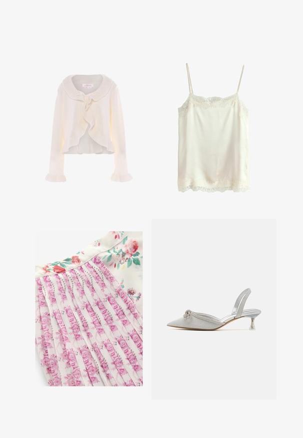 Hvid cropped cardigan lavet af blødt strikstof, med en volangkrave, frontknaplukning og volangmanchetter.; Kremfarvet satin camisole med tynde stropper og bølget blonderkant ved udskæringen og kanten.; Blomsterkjole med hvid baggrund og pink og grønne blomstermønstre, plisseret design og en glat stoftekstur.; Slicer toe slingback sko i sølvfarvet stof med en dekorativ knude og krystaldetaljer, der har en klar akryl hæl og metallisk finish.