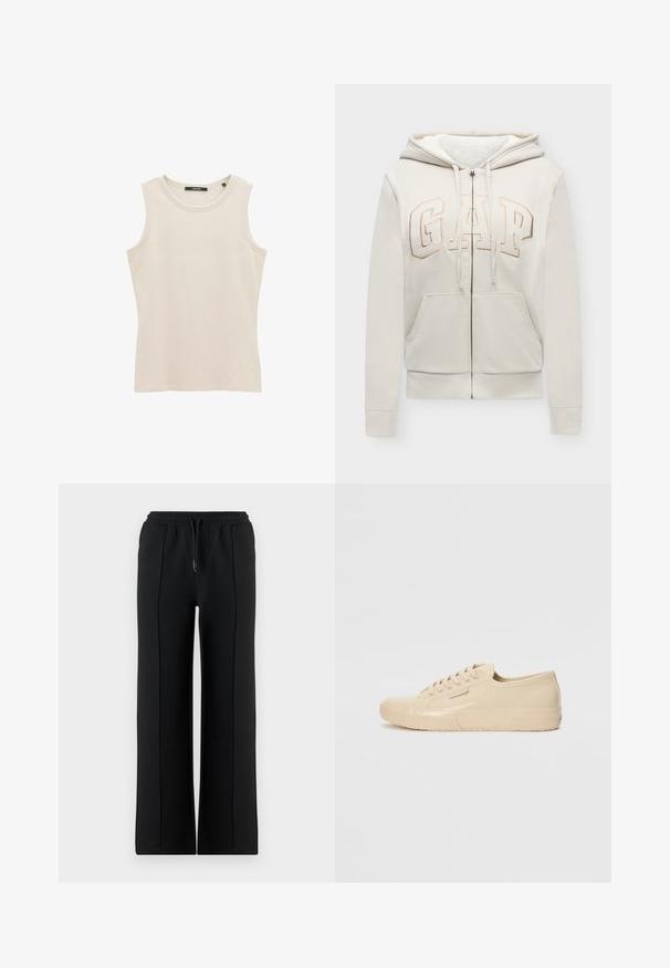 Beige zip-up hoodie met voorzakken, trekkoord in de capuchon en het "GAP"-logo in grote letters op de borst geborduurd.; Mouwloze lichtbeige ribgebreide tanktop met een ronde halslijn en een aansluitende pasvorm. Gemaakt van zacht katoen.; Zwarte sweatpants met brede pijpen, een elastische tailleband en een trekkoord. Gemaakt van zacht katoen, met vooraan naden voor extra detail.; Beige lage sneakers met een glanzende afwerking, uitgerust met een gestructureerde rubberen zool, een ronde neus en zes oogjes voor de veters.