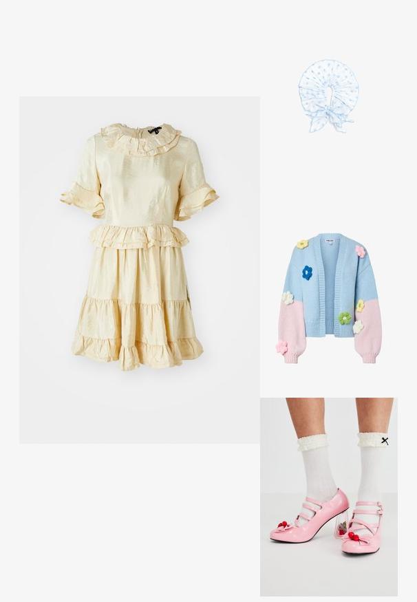 Cárdigan de punto grueso con cuerpo azul claro y mangas rosas, decorado con aplicaciones de flores de punto 3D multicolores en el frente y las mangas.; Vestido amarillo de satén con escote rizado y mangas cortas. Presenta una falda escalonada y detalles de volante. Textura suave y brillante.; Tacones de charol rosa con punta redondeada, tres tiras y adornos de cereza. El tacón bloque transparente presenta acentos florales. Calcetines blancos con relieve.; Cuello de tela azul celeste con lunares, con volantes y un lazo atado al frente, diseñado como un accesorio decorativo para el cuello.