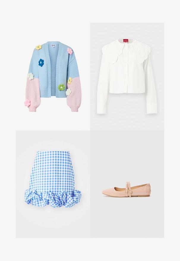 Cardigan en maille épaisse avec corps bleu clair et manches roses, décoré d'applications de fleurs tricotées 3D multicolores sur le devant et les manches.; Blouse blanche à manches longues avec col brodé festonné large et fermeture à boutons sur le devant, présentée sur un fond uni.; Jupe vichy bleue et blanche avec un ourlet cranté. Présente une silhouette ajustée et une texture de tissu douce. Le motif est composé de petits carrés à carreaux.; Ballerines en cuir verni rose pâle avec un bout pointu, dotées de deux brides ajustables et d'une semelle plate en caoutchouc.