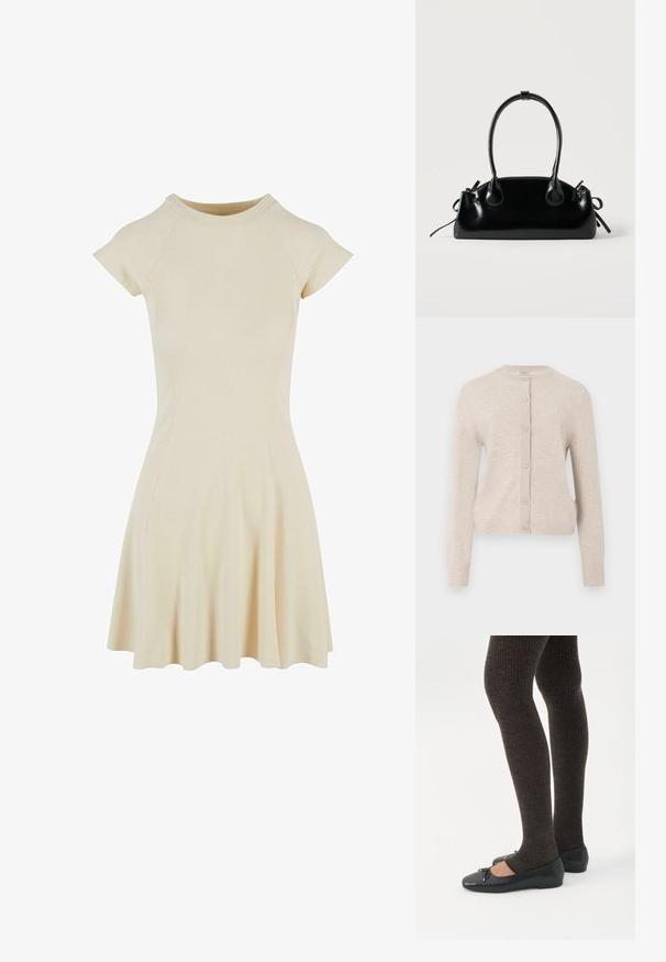 ONLY ONLCAMILLE BASIC CARDIGAN - Gilet - pumice stone; Robe crème côtelée avec un bustier ajusté, des manches raglan courtes et une jupe évasée. Texture lisse et décolleté rond simple.; Jambes portant des leggings côtelés foncés associés à des ballerines noires avec de petits détails en nœud sur fond blanc.; Petit sac à main noir brillant avec deux longues anses et des détails à cordon sur les côtés sur un fond clair uni.