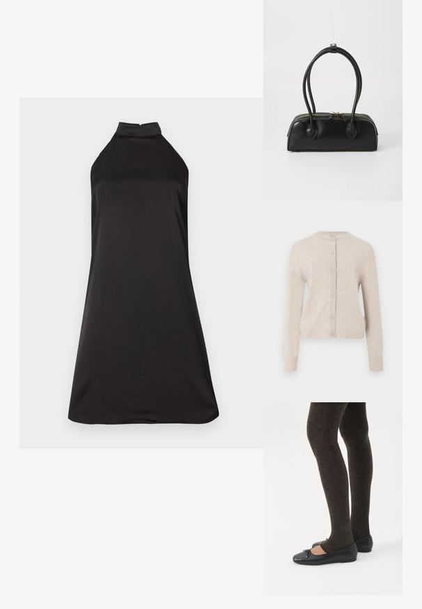 ONLY ONLCAMILLE BASIC CARDIGAN - Cardigan - pumice stone; Sort halterneck kjole med tætsiddende overdel og flagrende silhuet. Lavet af glat, letvægtsstof med en ensartet tekstur.; Ben iført mørke ribbede leggings kombineret med sorte balletsko med små sløjfedetaljer på hvid baggrund.; Sort læder håndtaske med to langstrakte håndtag, lynlåslukning og afrundet form; glat tekstur med en subtil blank finish.