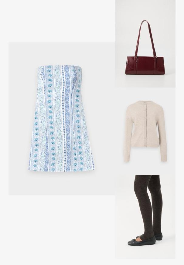 ONLY ONLCAMILLE BASIC CARDIGAN - Kardigan - pumice stone; Rihmatu pealne valge kleit, millel on vertikaalsed sinised ja rohelised lillelised triibud, esitleb sujuvat tekstuuri ning kitsast varrukatusega korpust koos laieneva seeliku.; Jalad seljas tumedad soonelises soonelises kombines mustade baleriinadega, millel on väikesed paelade detailid valgel taustal.; Burgundia värvi käekott, mis on valmistatud läikivast materjalist, ristküliku kujuline, kahe õlapaelaga ning ees on peened kaarjad aktsendid.