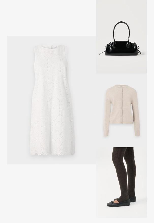 ONLY ONLCAMILLE BASIC CARDIGAN - Kardigán - pumice stone; Biele bezrukávové šaty s výšivkou v tvare očiek, s vlneným lemovaním, okrúhlym výstrihom a voľným strihom.; Nohy v tmavých pásikavých legínach v kombinácii s čiernymi balerínkami s malými mašličkami na bielom pozadí.; Malá čierna lesklá kabelka s dvoma dlhými rúčkami a bočnými šnúrkovými detailmi na jednoduchom svetlom pozadí.