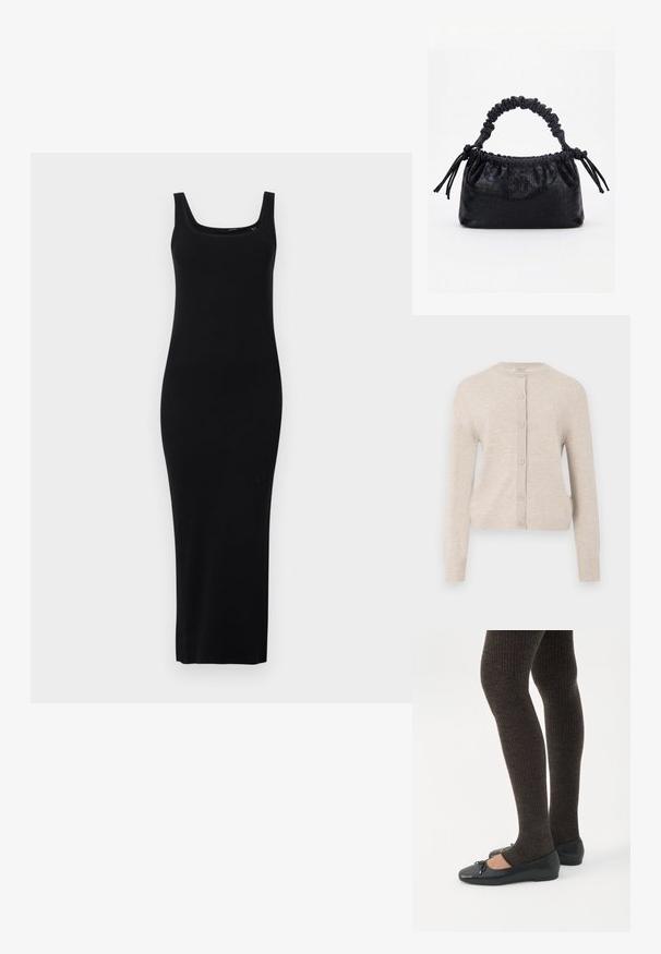 ONLY ONLCAMILLE BASIC CARDIGAN - Chaqueta de punto - pumice stone; Vestido maxi negro ajustado hecho de tela de punto acanalado, con escote cuadrado y tirantes anchos, textura suave al tacto.; Piernas con leggings oscuros acanalados combinados con bailarinas negras que presentan pequeños detalles de lazo sobre un fondo blanco.; Bolso negro con textura de cocodrilo, borde superior fruncido, asa recogida y cordones con borlas en cada lado sobre un fondo blanco.