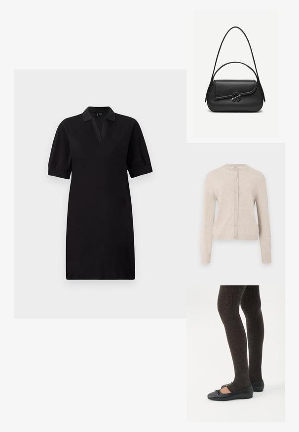 ONLY ONLCAMILLE BASIC CARDIGAN - Kardigan - pumice stone; Mustmustäheline kleidil on lühikesed puff-käised, sügav V-kaelus ja lõdva lõikega. Valmistatud pehmest kangast, on sellel ühtlane värv ilma mustriteta.; Jalad seljas tumedad soonelises soonelises kombines mustade baleriinadega, millel on väikesed paelade detailid valgel taustal.; Mustast nahast käekott ümarate äärtega, asümmeetrilise kaanega, metallist ümar lukk ja nii lühikeste kui ka pikkade õlapaeltega.