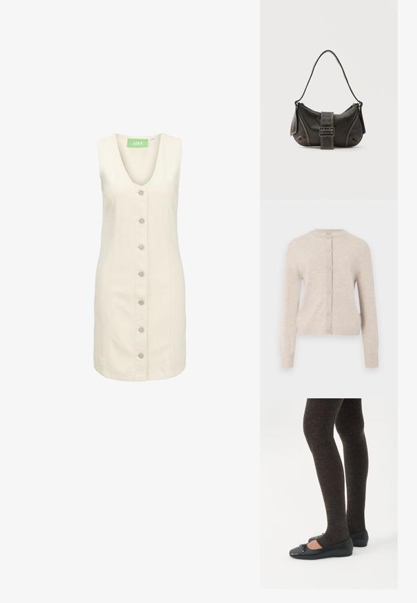 ONLY ONLCAMILLE BASIC CARDIGAN - Kardigan - pumice stone; Kreemikarva denimmantel V-kaelusega, ilma varrukateta ja viie hõbedase nööbiga ees. Aktsent rohelise sildiga.; Jalad seljas tumedad soonelises soonelises kombines mustade baleriinadega, millel on väikesed paelade detailid valgel taustal.; Mustast nahast õlakott pandlanööriga detailiga, kõverate servade ja kontrastse valge õmblusega tavalise tausta peal.