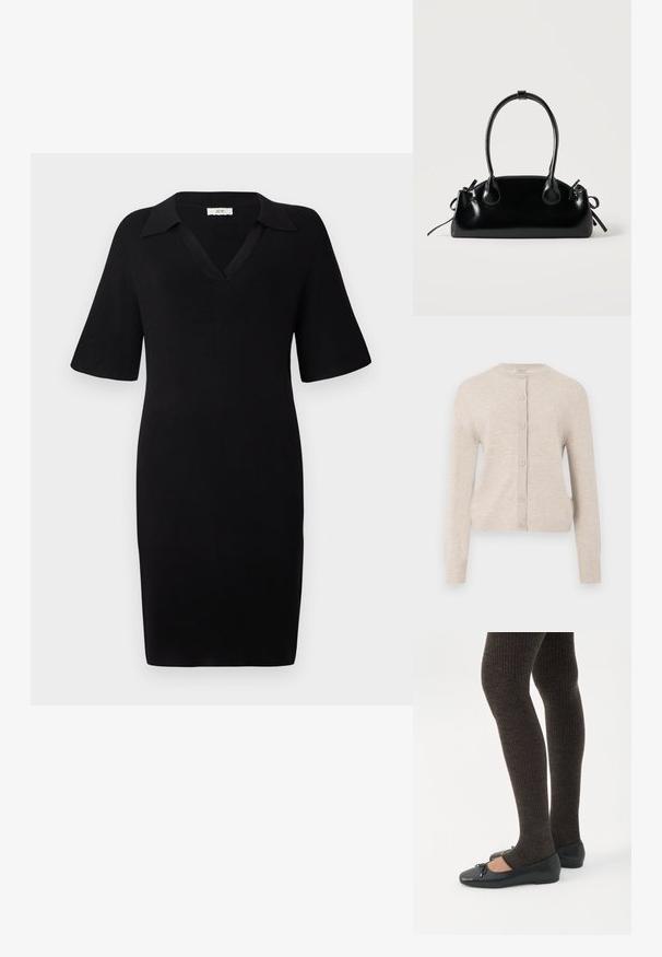 ONLY ONLCAMILLE BASIC CARDIGAN - Kardigán - pumice stone; Čierne šaty vyrobené zo ribovaného materiálu s výstrihom do V a krátkymi rukávmi. Majú klasický golier a priliehavý strih.; Nohy v tmavých pásikavých legínach v kombinácii s čiernymi balerínkami s malými mašličkami na bielom pozadí.; Malá čierna lesklá kabelka s dvoma dlhými rúčkami a bočnými šnúrkovými detailmi na jednoduchom svetlom pozadí.