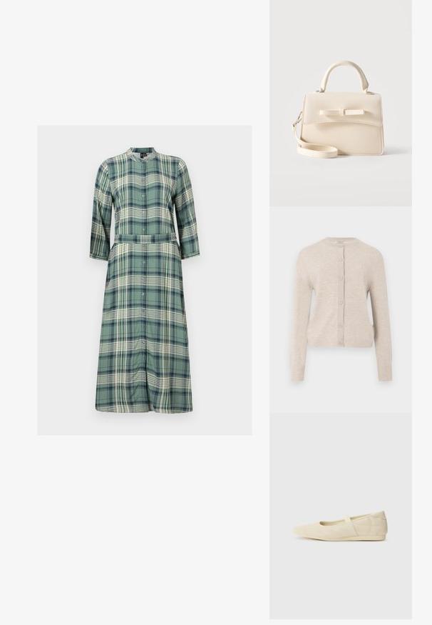 ONLY ONLCAMILLE BASIC CARDIGAN - Kardigan - pumice stone; Piksliline pikk roheline kleit, millel on nööpidega esiosa, krae, kolmveerandvarrukad ja vöö puusadel. Sile kangast tekstuur.; Beezid balletikingid, millel on sujuv nahast välimus, mandli kujuline nina ja elastne rihm üle jala, millel on peened õmblustavad detailid.; Väike beež käekott ülemise sangaga, eemaldatava rihma, ees oleva klapi ja dekoratiivse horisontaalse lipsuga ühtlasel taustal.