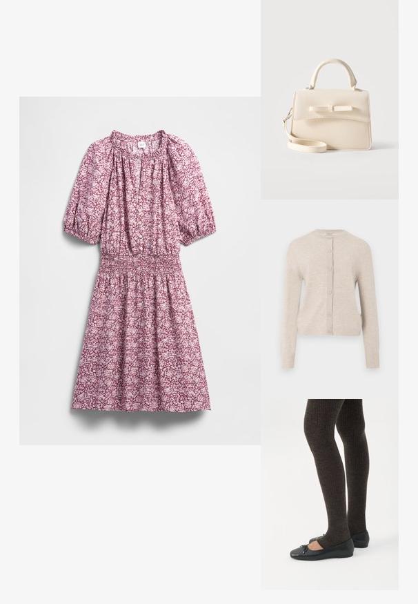 ONLY ONLCAMILLE BASIC CARDIGAN - Chaqueta de punto - pumice stone; Vestido floral en tonos rosa y blanco, con cintura fruncida, mangas abullonadas, botones al frente y textura de tela suave.; Piernas con leggings oscuros acanalados combinados con bailarinas negras que presentan pequeños detalles de lazo sobre un fondo blanco.; Pequeño bolso beige con asa superior, correa desmontable, solapa frontal y lazo decorativo horizontal sobre un fondo liso.