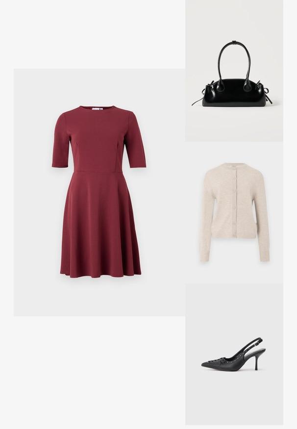ONLY ONLCAMILLE BASIC CARDIGAN - Kardigan - pumice stone; Bordo kleit ümmarguse kaelusega, lühikeste varrukatega, keha lähedalt istuv pluus ja laienev seelik. Valmistatud siledast kangast, ilma nähtavate mustrite või ehtedeta.; Must musta sanga kaelaga stilettod, terav nina, külgse pandla rihm, nurgas nublud ja dekoratiivne nöörimine ees.; Väike must läikiv käekott kahe pika sangaga ja külgedel paelakinnitustega, ühel lihtsal helel taustal.