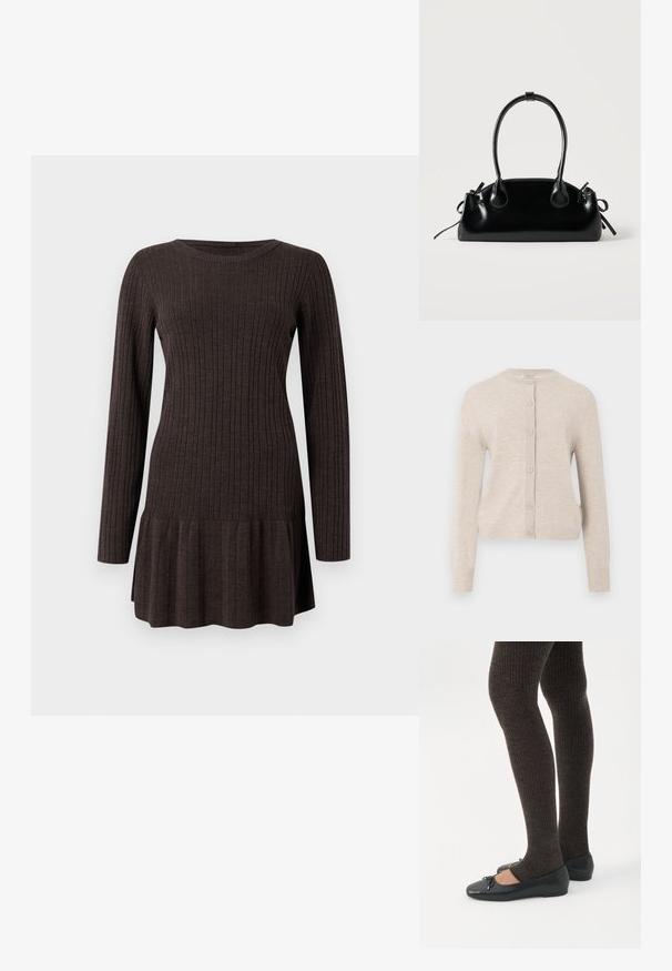 ONLY ONLCAMILLE BASIC CARDIGAN - Cardigan - pumice stone; Ribbet brun kjole med lange ærmer, der har en flagrende kant. Lavet af et blødt, tekstureret materiale, der giver en tætsiddende silhuet.; Ben iført mørke ribbede leggings kombineret med sorte balletsko med små sløjfedetaljer på hvid baggrund.; Lille sort blank håndtaske med to lange håndtag og snøre-detaljer i siden på en ensfarvet lys baggrund.