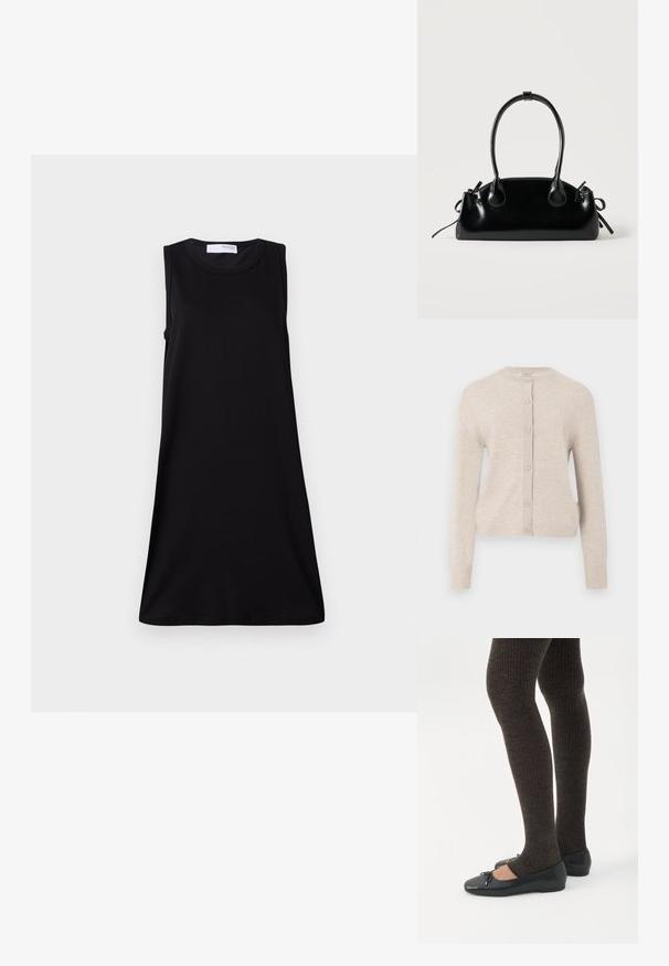 ONLY ONLCAMILLE BASIC CARDIGAN - Chaqueta de punto - pumice stone; Vestido negro sin mangas con escote redondo, en forma de A, hecho de material suave, que presenta un diseño simple y sin adornos.; Piernas con leggings oscuros acanalados combinados con bailarinas negras que presentan pequeños detalles de lazo sobre un fondo blanco.; Pequeño bolso negro brillante con dos asas largas y detalles de cordón lateral sobre un fondo claro liso.