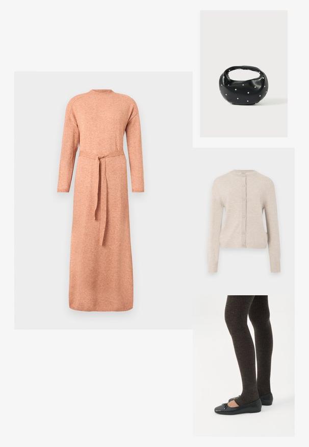ONLY ONLCAMILLE BASIC CARDIGAN - Chaqueta de punto - pumice stone; Vestido de punto melocotón de manga larga y hasta la rodilla con cuello redondo y cinturón de tela atado a la cintura, sobre un fondo liso.; Piernas con leggings oscuros acanalados combinados con bailarinas negras que presentan pequeños detalles de lazo sobre un fondo blanco.; Bolso de mano de cuero negro con forma redondeada, decorado con detalles de tachuelas plateadas y un asa corta. Textura lisa y cierre con cremallera.