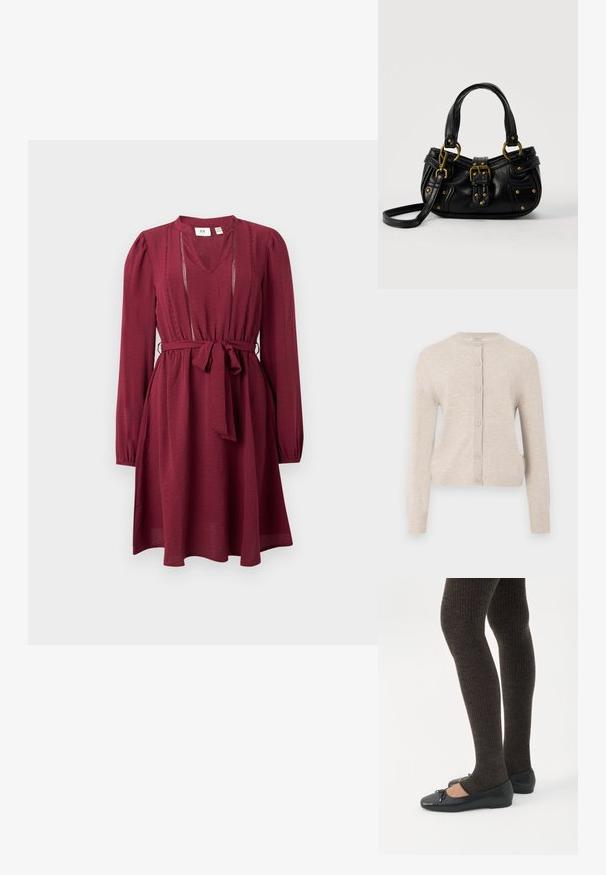 ONLY ONLCAMILLE BASIC CARDIGAN - Gilet - pumice stone; Robe bordeaux à manches longues, décolleté en V, taille cintrée et ceinture à nouer ; présente des coutures délicates le long de l'encolure. Texture de tissu lisse.; Jambes portant des leggings côtelés foncés associés à des ballerines noires avec de petits détails en nœud sur fond blanc.; Sac à main en cuir noir avec boucle dorée et détails à rivets, poignées courtes et bandoulière réglable sur fond blanc uni.