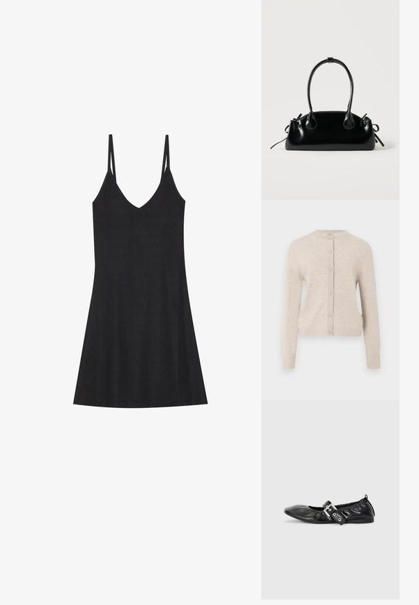 ONLY ONLCAMILLE BASIC CARDIGAN - Vest - pumice stone; Zwarte geribbelde slipdress met een V-hals en dunne verstelbare bandjes. Heeft een relaxed fit, valt boven de knieën en heeft een minimalistisch ontwerp.; Zwarte leren platte schoen met een spitse neus, geplooide details rond de opening en een zilveren gespaccentueerde verstelbare band.; Kleine zwarte glanzende handtas met twee lange hengsels en zijkant trekkoord details op een effen lichte achtergrond.