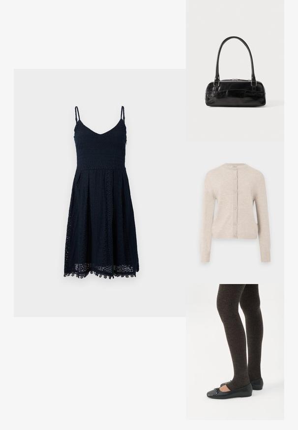 ONLY ONLCAMILLE BASIC CARDIGAN - Cardigan - pumice stone; Marineblå sommerkjole med tynde stropper, en V-udskæring og blonde detaljer. A-linjeet nederdel med bølget kant og indviklede mønstre hele vejen igennem.; Ben iført mørke ribbede leggings kombineret med sorte balletsko med små sløjfedetaljer på hvid baggrund.; Sort læderhåndtaske med rektangulær form, der har et enkelt struktureret håndtag, sølvhardware og lynlås-lukning. Glat tekstur.