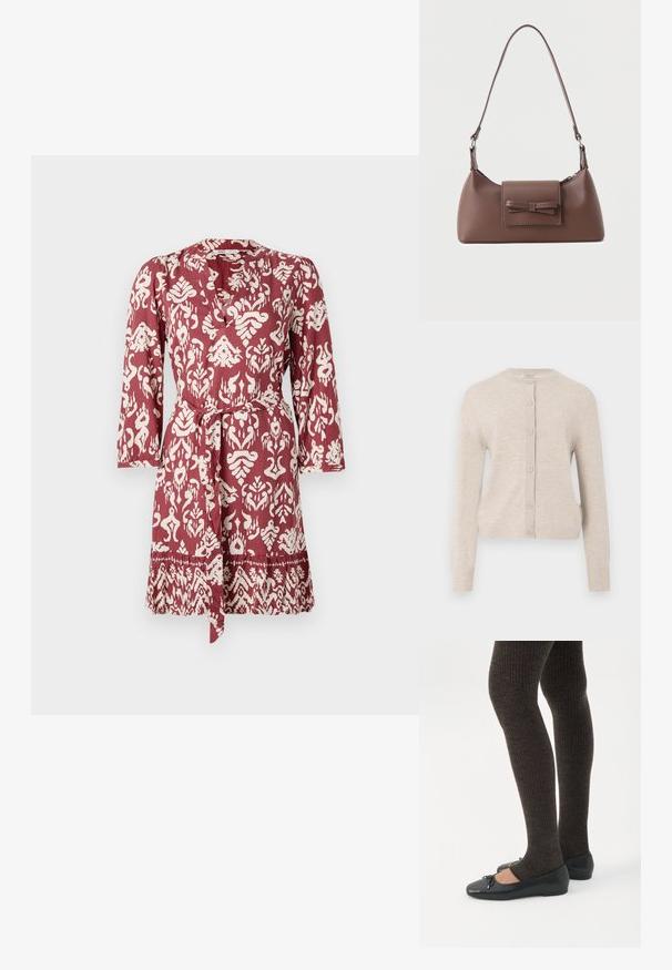 ONLY ONLCAMILLE BASIC CARDIGAN - Gilet - pumice stone; Robe à motifs rouges et blancs avec une taille à nouer, des manches longues et un décolleté en V. Présente un design floral et géométrique complexe.; Jambes portant des leggings côtelés foncés associés à des ballerines noires avec de petits détails en nœud sur fond blanc.; Sac à bandoulière en cuir marron avec une poche à rabat avant ornée d'un détail en forme de nœud cousu et une sangle réglable.