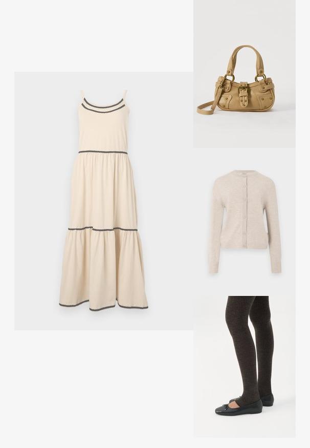 ONLY ONLCAMILLE BASIC CARDIGAN - Cardigan - pumice stone; Lys beige maxikjole med spaghetti-stropper, bølget kant i mørk farve, cinch i taljen og design med lag på lag skørt. Stof i bomuldsblanding.; Ben iført mørke ribbede leggings kombineret med sorte balletsko med små sløjfedetaljer på hvid baggrund.; Beige læderhåndtaske med dobbelte håndtag, messing spænde og nitte detaljer samt en justerbar skulderrem mod en hvid baggrund.