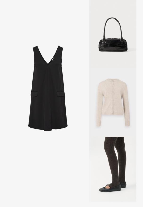 ONLY ONLCAMILLE BASIC CARDIGAN - Chaqueta de punto - pumice stone; Vestido negro sin mangas con escote en V, bolsillos delanteros de solapa y silueta en A.; Piernas con leggings oscuros acanalados combinados con bailarinas negras que presentan pequeños detalles de lazo sobre un fondo blanco.; Bolso de mano de cuero negro con forma rectangular, equipado con un asa estructurada, herrajes en plata y cierre de cremallera. Textura suave.