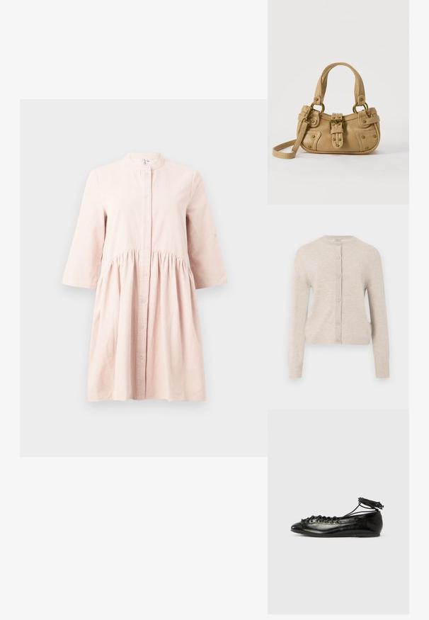 ONLY ONLCAMILLE BASIC CARDIGAN - Cardigan - pumice stone; Lys pink, langærmet kordfløjlskjole med mandarinkrave, knaplukning foran og samlet talje-detail.; Sorte balletflade sko i laklæder med rundet tå, snørelukning og flad sål. Glat tekstur med få detaljer.; Beige læderhåndtaske med dobbelte håndtag, messing spænde og nitte detaljer samt en justerbar skulderrem mod en hvid baggrund.