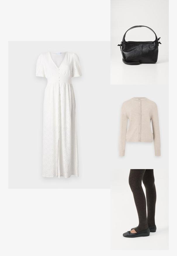 ONLY ONLCAMILLE BASIC CARDIGAN - Gilet - pumice stone; Robe maxi blanche avec un décolleté en V, des manches courtes bouffantes, un bouton devant et un motif de points brodés. Le tissu est léger avec une coupe ample.; Jambes portant des leggings côtelés foncés associés à des ballerines noires avec de petits détails en nœud sur fond blanc.; Sac à main en cuir noir au design structuré, avec une poignée arrondie et une bandoulière amovible. Présente une texture lisse et un éclat subtil.