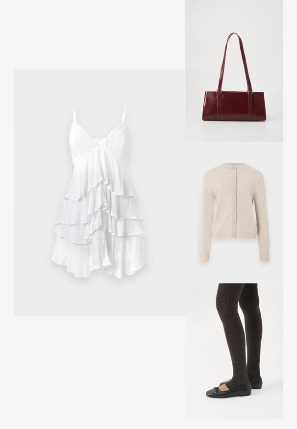 ONLY ONLCAMILLE BASIC CARDIGAN - Kardigán - pumice stone; Biele bezrukávové šaty s volánmi, vyrobené z ľahkej látky s dierkovanými vzormi a jemnou textúrou. V-krčný strih.; Nohy v tmavých pásikavých legínach v kombinácii s čiernymi balerínkami s malými mašličkami na bielom pozadí.; Bordová kabelka vyrobená z lesklého materiálu, obdĺžnikový tvar, s dvoma ramennými popruhmi a jemnými zakrivenými akcentmi na prednej strane.