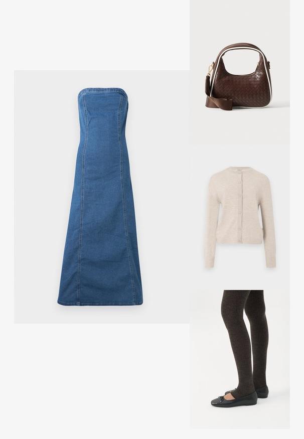 ONLY ONLCAMILLE BASIC CARDIGAN - Cardigan - pumice stone; Blå denim stropløs kjole i medium farve med en lige silhuet, der har synlige sømme og en glat tekstur.; Ben iført mørke ribbede leggings kombineret med sorte balletsko med små sløjfedetaljer på hvid baggrund.; Brun vævet læderhåndtaske med hvid piping, guldfarvet lynlås og aftagelig brun stofskulderrem.