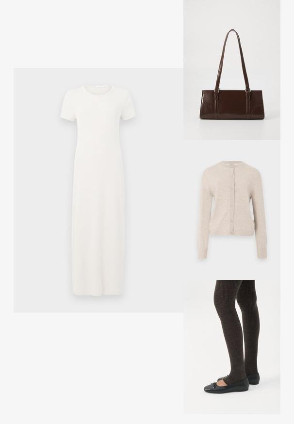 ONLY ONLCAMILLE BASIC CARDIGAN - Cardigan - pumice stone; Beige, kortærmet kjole i knælængde lavet af blødt bomuldsstof. Har rund halsudskæring og en enkel, lige silhuet.; Ben iført mørke ribbede leggings kombineret med sorte balletsko med små sløjfedetaljer på hvid baggrund.; Brun lakeret håndtaske med rektangulær form, to lange håndtag og subtile buede detaljer på fronten.