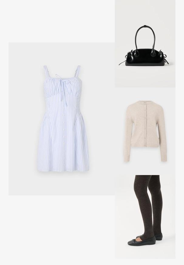 ONLY ONLCAMILLE BASIC CARDIGAN - Cardigan - pumice stone; Stribet kjole i lyseblå og hvid, med tynde stropper, et bånd ved halsudskæringen og knapper ned foran. Struktureret stof med en tætsiddende live.; Ben iført mørke ribbede leggings kombineret med sorte balletsko med små sløjfedetaljer på hvid baggrund.; Lille sort blank håndtaske med to lange håndtag og snøre-detaljer i siden på en ensfarvet lys baggrund.