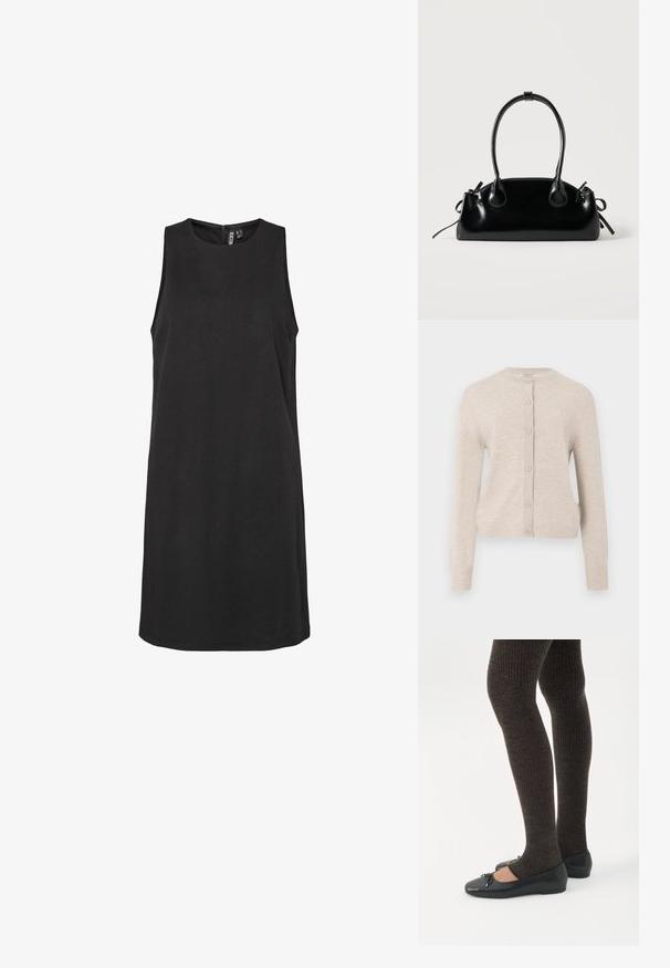 ONLY ONLCAMILLE BASIC CARDIGAN - Kardigan - pumice stone; Käeauguta must kleit ümmarguse kaelusega ja peidetud selja tõmblukuga. Valmistatud siledast kangast, on sirge siluetiga.; Jalad seljas tumedad soonelises soonelises kombines mustade baleriinadega, millel on väikesed paelade detailid valgel taustal.; Väike must läikiv käekott kahe pika sangaga ja külgedel paelakinnitustega, ühel lihtsal helel taustal.
