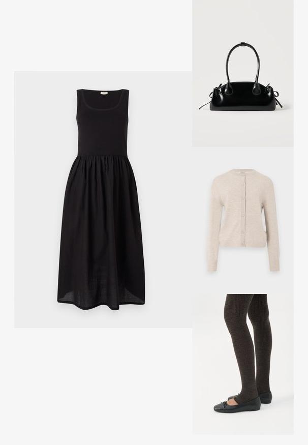 ONLY ONLCAMILLE BASIC CARDIGAN - Kardigán - pumice stone; Čierne bezrukávové šaty s priliehavým korzetom a naskladanou sukňou, vyrobené z ľahkej tkaniny. Majú okrúhly výstrih a sukňu do výšky kolien.; Nohy v tmavých pásikavých legínach v kombinácii s čiernymi balerínkami s malými mašličkami na bielom pozadí.; Malá čierna lesklá kabelka s dvoma dlhými rúčkami a bočnými šnúrkovými detailmi na jednoduchom svetlom pozadí.