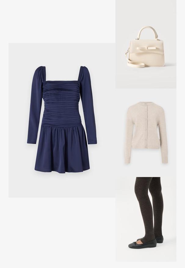 ONLY ONLCAMILLE BASIC CARDIGAN - Ζακέτα - pumice stone; Ναυτικό μπλε φόρεμα με μακριά φουσκωτά μανίκια, φουσκωτό κορσέ και συγκεντρωμένη φούστα. Απαλή ύφανση με δομημένο τετράγωνο ντεκολτέ.; Πόδια με σκουρόχρωμα ριμπ κολάν συνδυασμένα με μαύρα μπαλαρίνα παπούτσια με μικρές λεπτομέρειες φιόγκων σε λευκό φόντο.; Μικρό μπεζ τσάντα χειρός με λαβή στην κορυφή, αποσπώμενο λουράκι, μπροστινό καπάκι και διακοσμητικό οριζόντιο φιόγκο σε απλό φόντο.