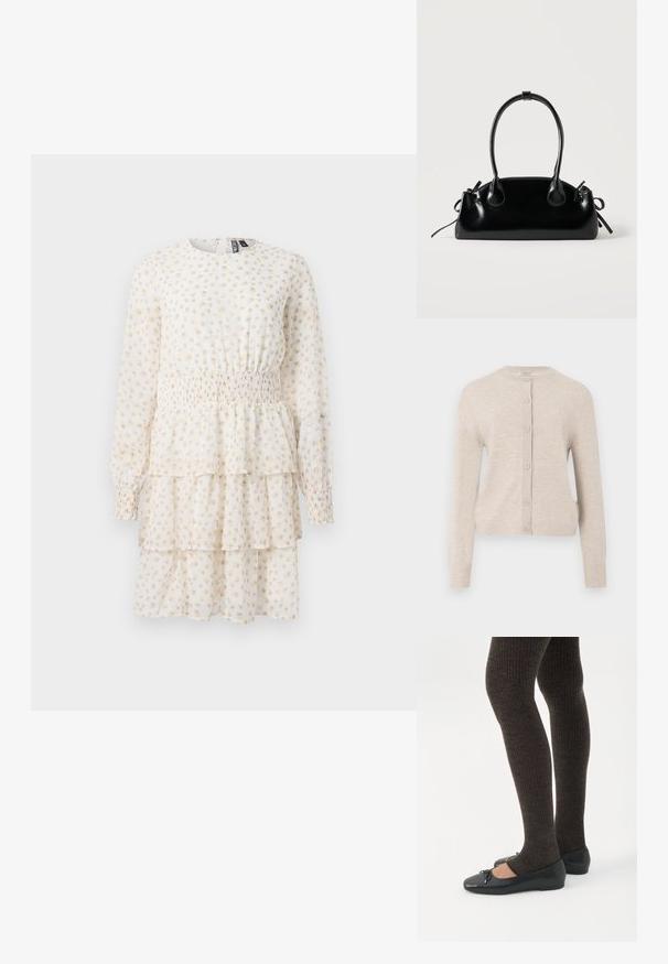 ONLY ONLCAMILLE BASIC CARDIGAN - Vest - pumice stone; Laagjesjurk in lichtcrème met een klein beiger bloemenpatroon. Heeft lange mouwen en een smock-elastische tailleband voor een aansluitende pasvorm.; Benen met donkere geribbelde leggings gecombineerd met zwarte ballerina's met kleine strikdetails op een witte achtergrond.; Kleine zwarte glanzende handtas met twee lange hengsels en zijkant trekkoord details op een effen lichte achtergrond.