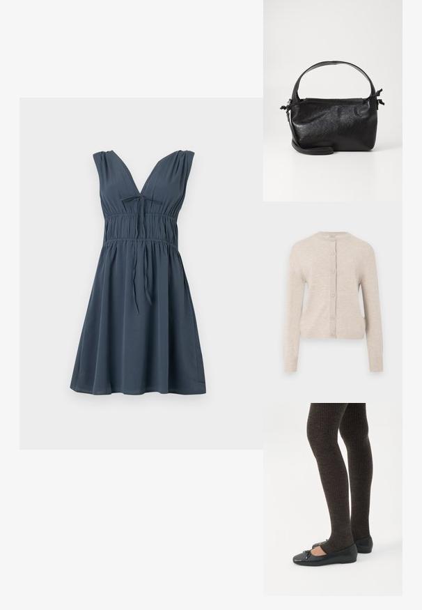 ONLY ONLCAMILLE BASIC CARDIGAN - Kardigan - pumice stone; Rinnatu tume sinine kleit sügava V-kaelusega, volanga vöökoha ja sidumisdetailiga, valmistatud pehmest kangast sujuva tekstuuriga.; Jalad seljas tumedad soonelises soonelises kombines mustade baleriinadega, millel on väikesed paelade detailid valgel taustal.; Must mustrikujundusega must nahast käekott, ümarate pealmiste käepidemete ja eemaldatava õlalihaga. Omab siledat tekstuuri ja peent sära.