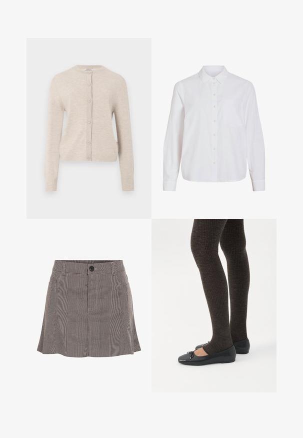 ONLY ONLCAMILLE BASIC CARDIGAN - Vest - pumice stone; Wit overhemd met lange mouwen, knoopsluiting aan de voorkant, klassieke kraag, enkele borstzak, gemaakt van gladde, lichtgewicht stof met een ontspannen pasvorm.; Geruite rok in zwart en wit, gemaakt van lichte stof, met een tailleband met een knoop en een geplooid ontwerp voor extra detail.; Benen met donkere geribbelde leggings gecombineerd met zwarte ballerina's met kleine strikdetails op een witte achtergrond.