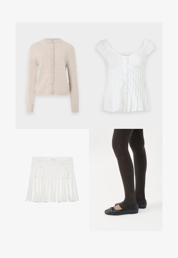 ONLY ONLCAMILLE BASIC CARDIGAN - Gilet - pumice stone; Blouse blanche à manches courtes avec boutons devant, encolure carrée, épaules froncées et plis verticaux sur la partie inférieure.; Jupe évasée blanche en tissu doux, avec des détails froncés sur les côtés et des liens ajustables, créant une silhouette fluide.; Jambes portant des leggings côtelés foncés associés à des ballerines noires avec de petits détails en nœud sur fond blanc.