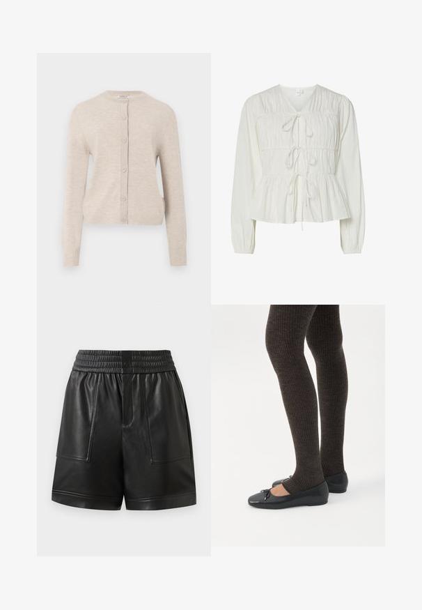 ONLY ONLCAMILLE BASIC CARDIGAN - Chaqueta de punto - pumice stone; Blusa blanca de manga larga con tres cierres frontales de lazo, detalles de tejido fruncido, puños elásticos y dobladillo de estilo peplum.; Pantalones cortos de imitación cuero negro con cinturilla elástica, botón a presión en la parte delantera, grandes bolsillos de parche en la parte delantera y dobladillo recto.; Piernas con leggings oscuros acanalados combinados con bailarinas negras que presentan pequeños detalles de lazo sobre un fondo blanco.