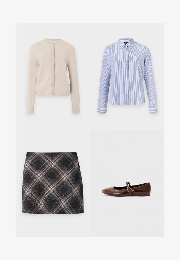ONLY ONLCAMILLE BASIC CARDIGAN - Gilet - pumice stone; Chemise à manches longues boutonnée, avec des rayures verticales blanches et bleu clair et un col pointu, présentée sur un fond uni.; Jupe mini à carreaux noir et beige avec un motif à checks diagonal, taille ajustée et texture de tissu lisse.; Ballerine en cuir verni marron avec un bout carré et une lanière ornée d'une petite boucle dorée. Texture lisse, talon bas et design minimaliste.