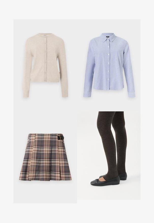 ONLY ONLCAMILLE BASIC CARDIGAN - Cardigan - pumice stone; Langærmet skjorte med knapper med hvide og lyseblå lodrette striber og en spids krave vist på en ensfarvet baggrund.; Rutig nederdel i grå, beige og rustfarver; har plisseringer, en spænde detalje og et struktureret design. Fremstillet af et vævet stof.; Ben iført mørke ribbede leggings kombineret med sorte balletsko med små sløjfedetaljer på hvid baggrund.
