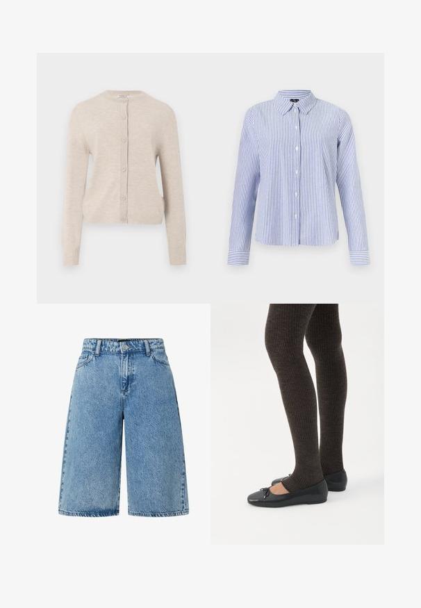 ONLY ONLCAMILLE BASIC CARDIGAN - Kardigán - pumice stone; Košeľa s dlhým rukávom na gombíky s bielymi a svetlomodrými vertikálnymi pruhmi a špicatým golierom zobrazená na jednofarebnom pozadí.; Džínsové kraťasy svetlomodrej farby s voľným strihom, klasickým päťvreckovým dizajnom a textúrovanou látkou so zvädnutým povrchom.; Nohy v tmavých pásikavých legínach v kombinácii s čiernymi balerínkami s malými mašličkami na bielom pozadí.