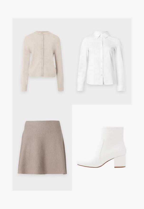 ONLY ONLCAMILLE BASIC CARDIGAN - Strickjacke - pumice stone; Weißes langärmeliges Hemd mit spitzem Kragen, geradem Saum und taillierter Silhouette, auf hellem, einfarbigem Hintergrund dargestellt.; Ein beigefarbener, ausgestellter Rock aus weichem Stoff mit glatter Textur und sauberem Saum. Einfaches Design ohne sichtbare Muster oder Verzierungen.; Weiße Knöchelstiefel mit glatter Oberfläche, eckiger Zehenpartie und einem Blockabsatz in mittlerer Höhe. Steppnähte betonen das minimalistische Design.